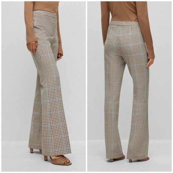 NWOT BOSS Tuleah Regular-Fit Bootcut Trousers In Checked Size 8